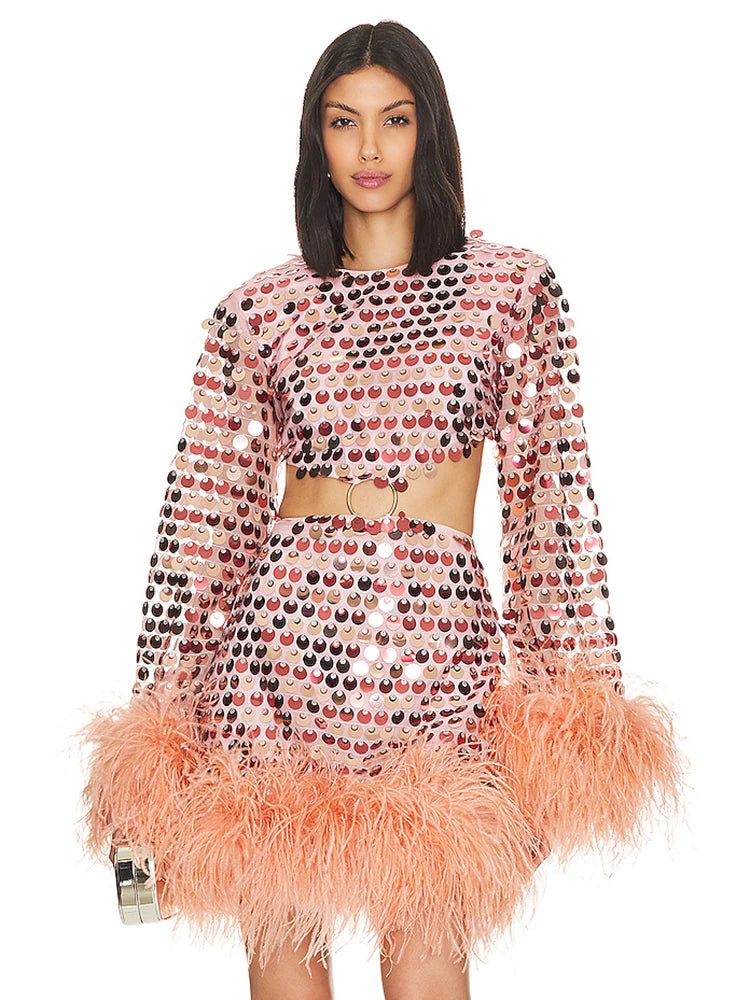 LEILANI SEQUIN FEATHER MINI DRESS