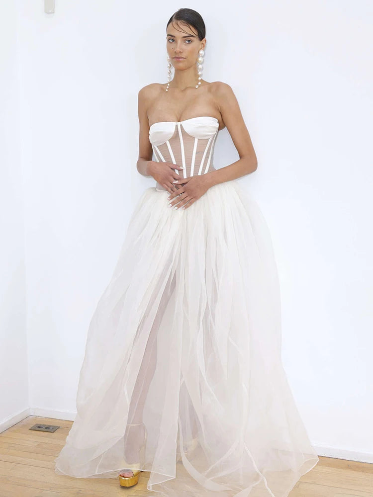 IRAIAH WHITE STRAPLESS MESH DRESS