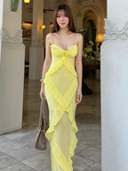 JOYCE SEXY YELLOW RUFFLE MAXI DRESS