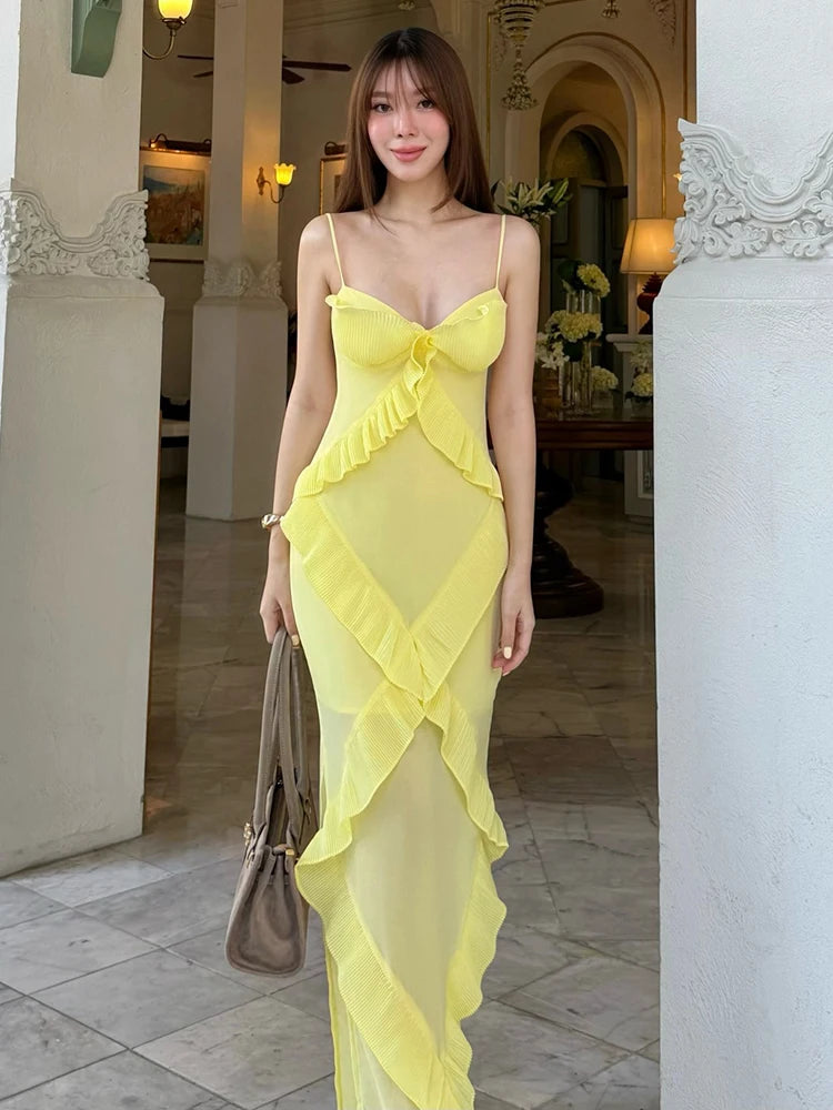 JOYCE SEXY YELLOW RUFFLE MAXI DRESS
