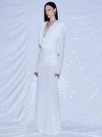 LIVIA WHITE V-NECK LONG SLEEVE LONG DRESS GOWN