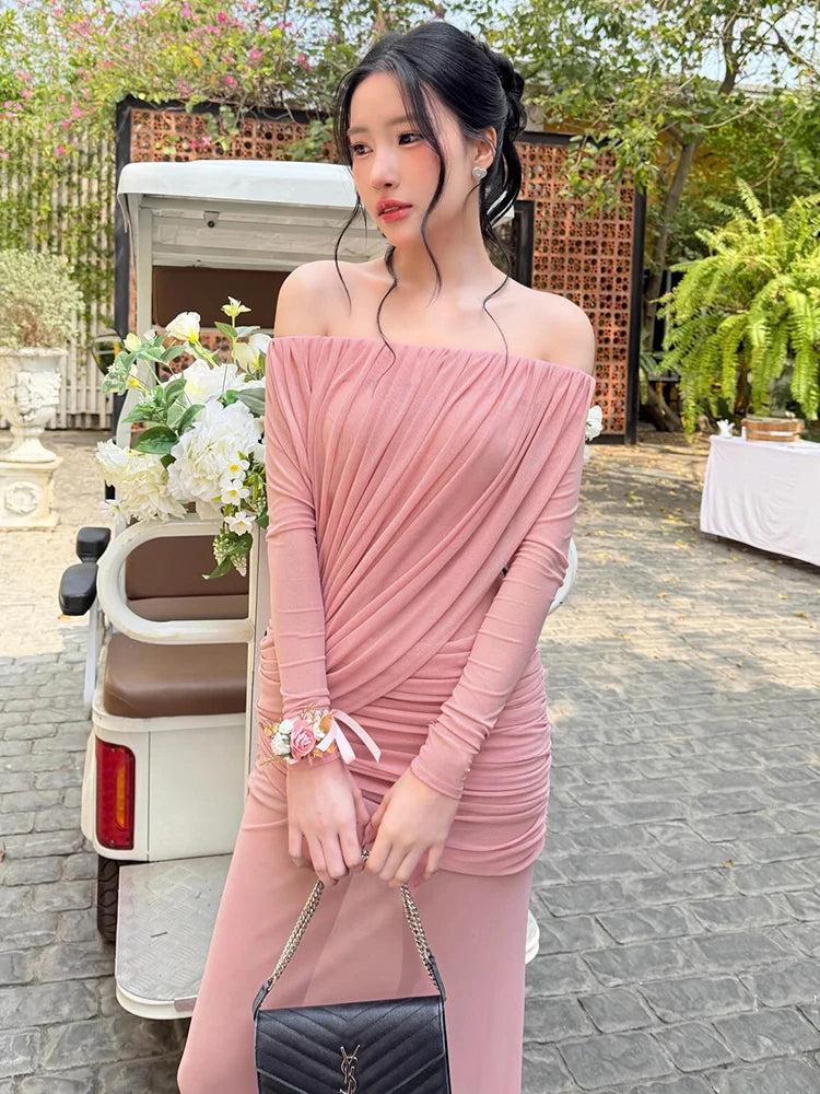 BIANKA ELEGANT OFF SHOULDER PINK MAXI DRESS
