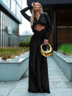 SHANAY BLACK V NECK LONG SLEEVES DRESS