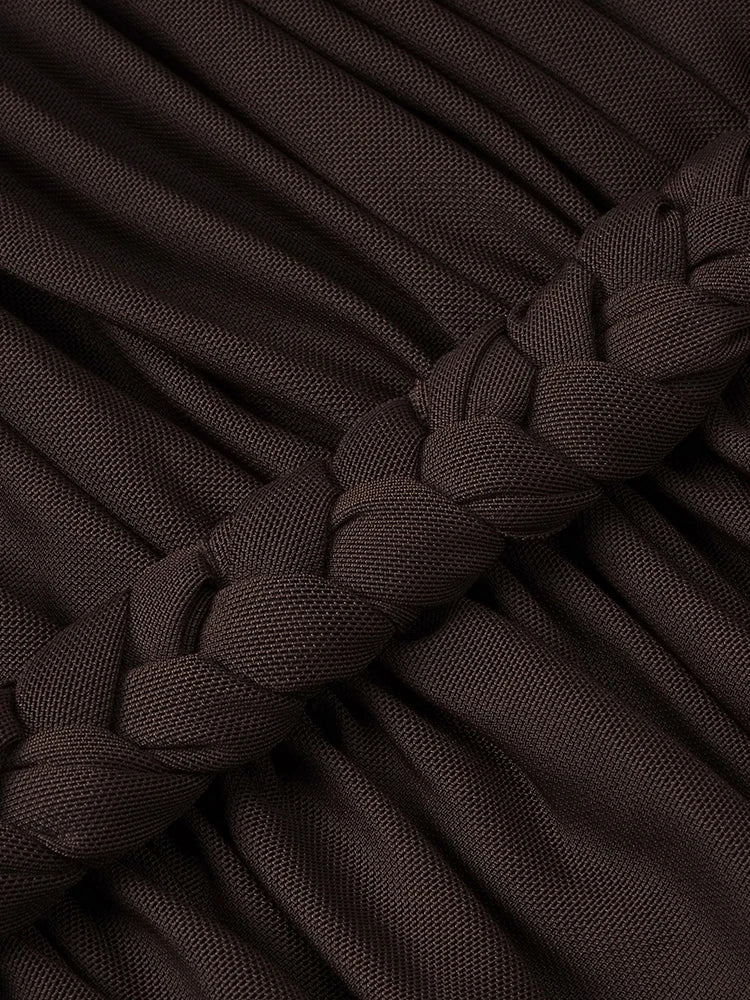 VIKTORIA BROWN HALTER NECK RUCHED MAXI DRESS