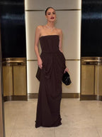 ARUNAS BROWN OFF-SHOULDER RUCHED MAXI DRESS