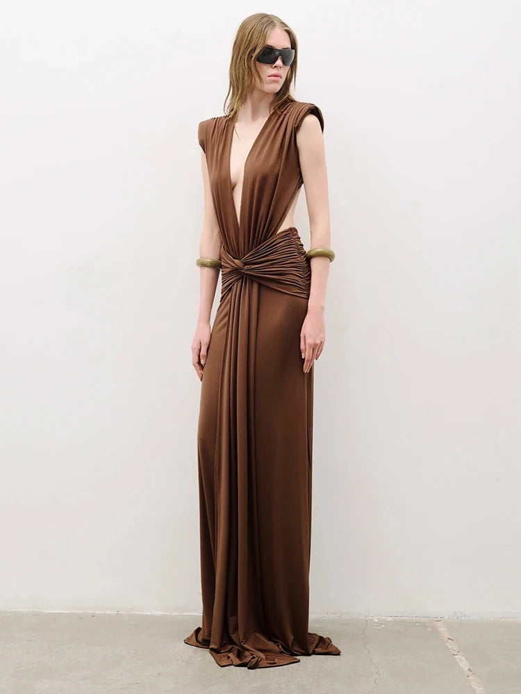 LEX BROWN DEEP V RUCHED MAXI DRESS