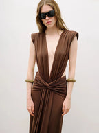 LEX BROWN DEEP V RUCHED MAXI DRESS