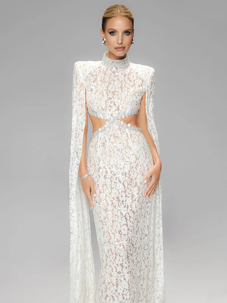 STELLA WHITE LACE EVENING MAXI DRESS