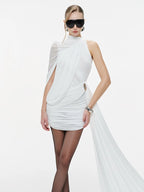 ZAIDA WHITE DRAPED ONE SHOULDER MINI DRESS