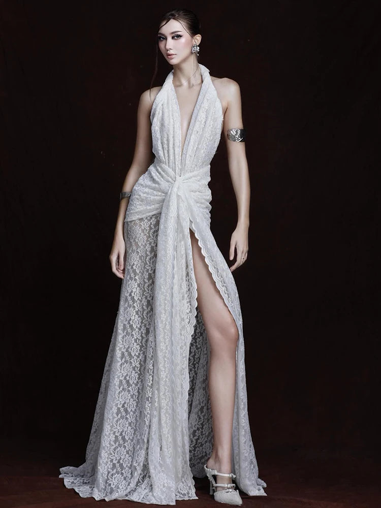 MANDY LACE HALTER MAXI DRESS