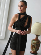IRENE HALTER WRAP CUTOUT RUCHED MINI DRESS
