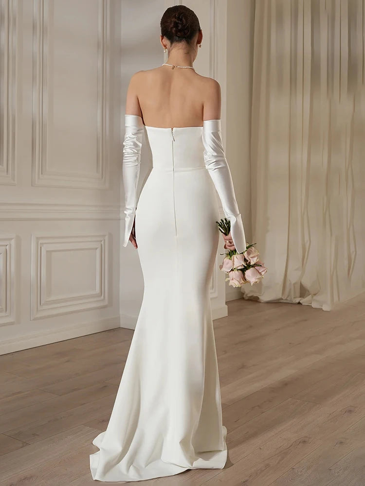 MELISSA WHITE BLACK STRAPLESS WITH GLOVES WEDDING DRESS GOWN