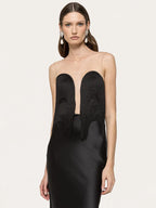 SARAH BLACK SATIN FRINGE MAXI DRESSES