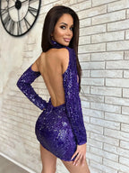 ERIN PURPLE SEQUINS HING NECK MINI DRESS