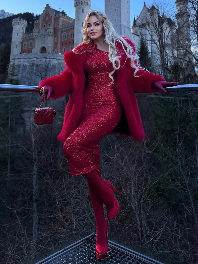 LIYVIA RED ONE SHOULDER SEQUINS DRESS