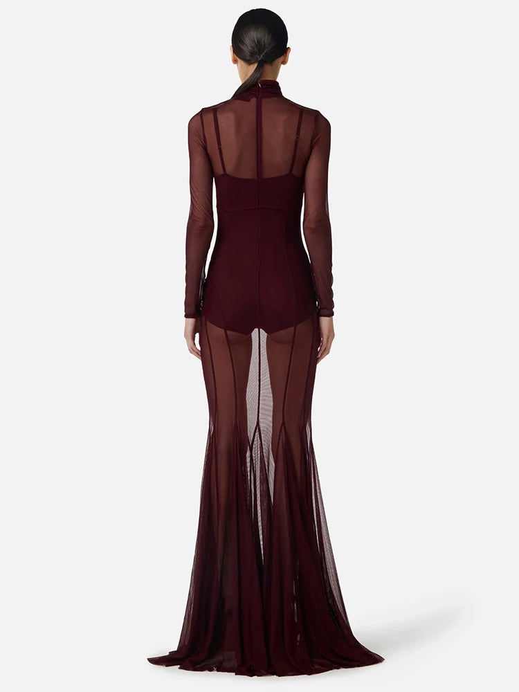 ABBI SEXY BURGUNDY SHEER MESH DRESS SET