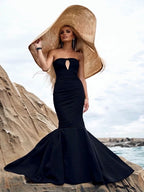 TORI BLACK MERMAID STRAPLESS LONG DRESS GOWN