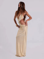 SOPHIA GOLD HALTER MAXI DRESS