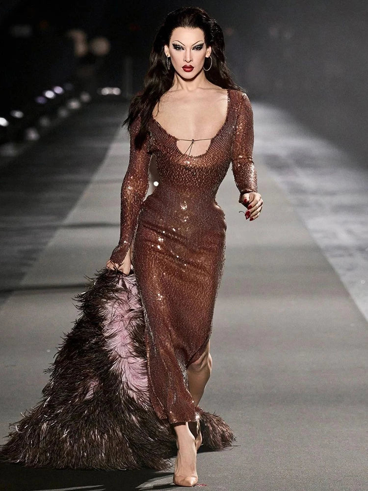 MALIHA BROWN SEQUINS LONG SLEEVES DRESS