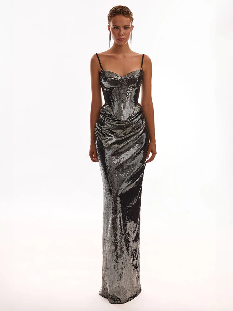 MARIA WOMEN SILVER SEQUIN MAXI DRESS