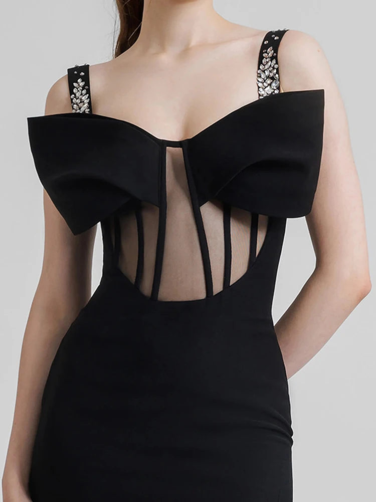 CYNTHINA BLACK BOW MESH DRESS GOWN