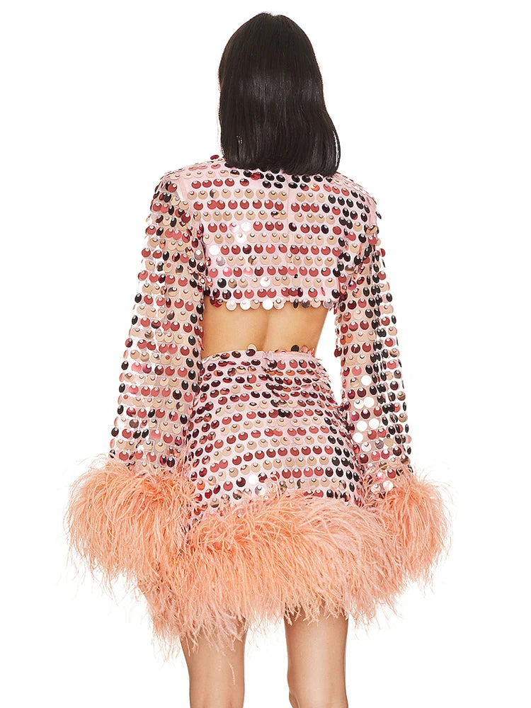 LEILANI SEQUIN FEATHER MINI DRESS