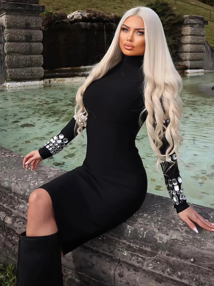 KELLY BLACK HIGH NECK MIDI DRESS