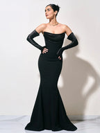 MELISSA WHITE BLACK STRAPLESS WITH GLOVES WEDDING DRESS GOWN