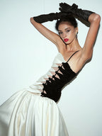 YANA BLACK BEIGE STRAPLESS LONG DRESS GOWN