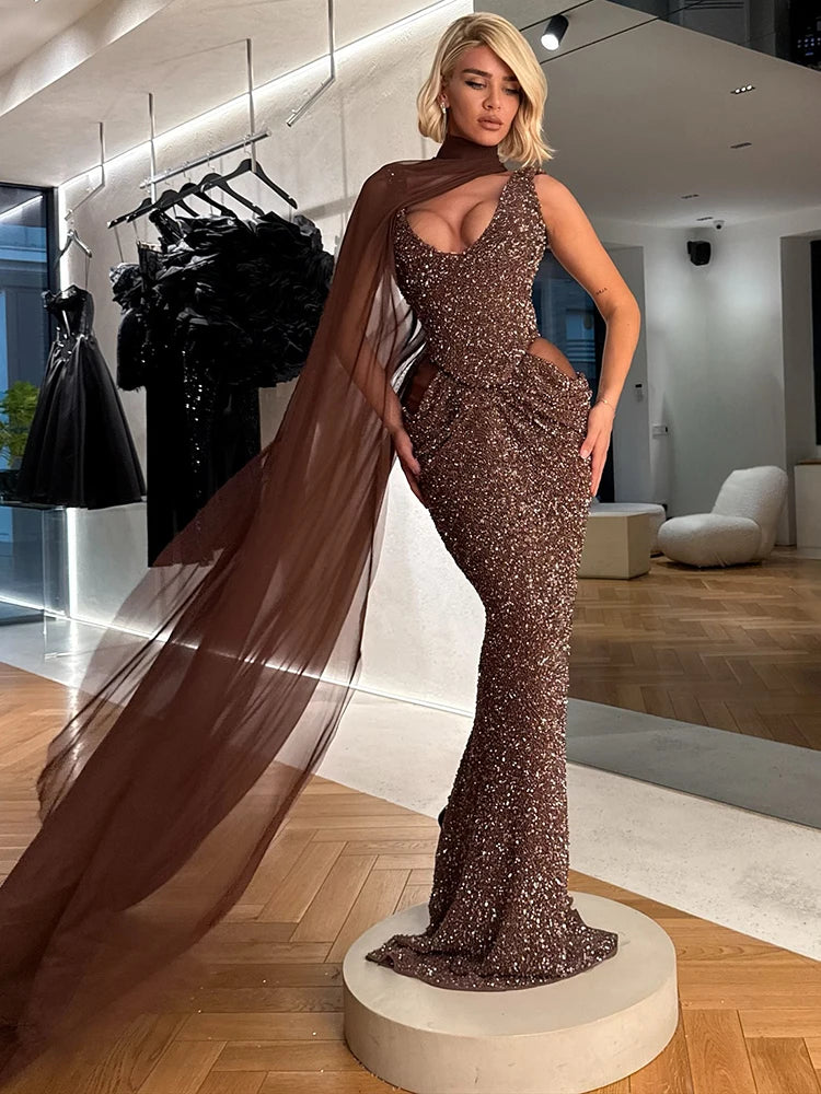 NOEMI BROWN SEQUIN EVENING MAXI DRESS