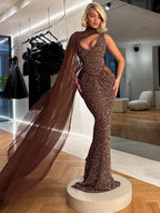 NOEMI BROWN SEQUIN EVENING MAXI DRESS