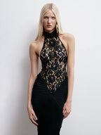 SABIN BLACK LACE HALTER DRESS GOWN