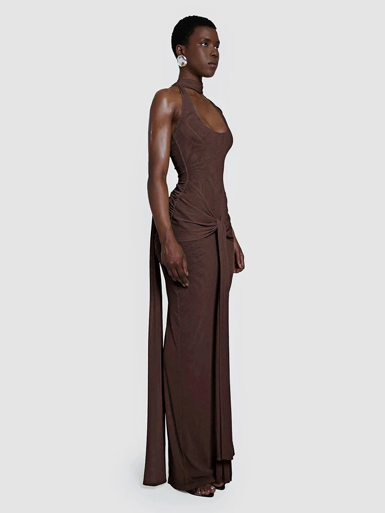 ANAYA BROWN HALTER DRESS