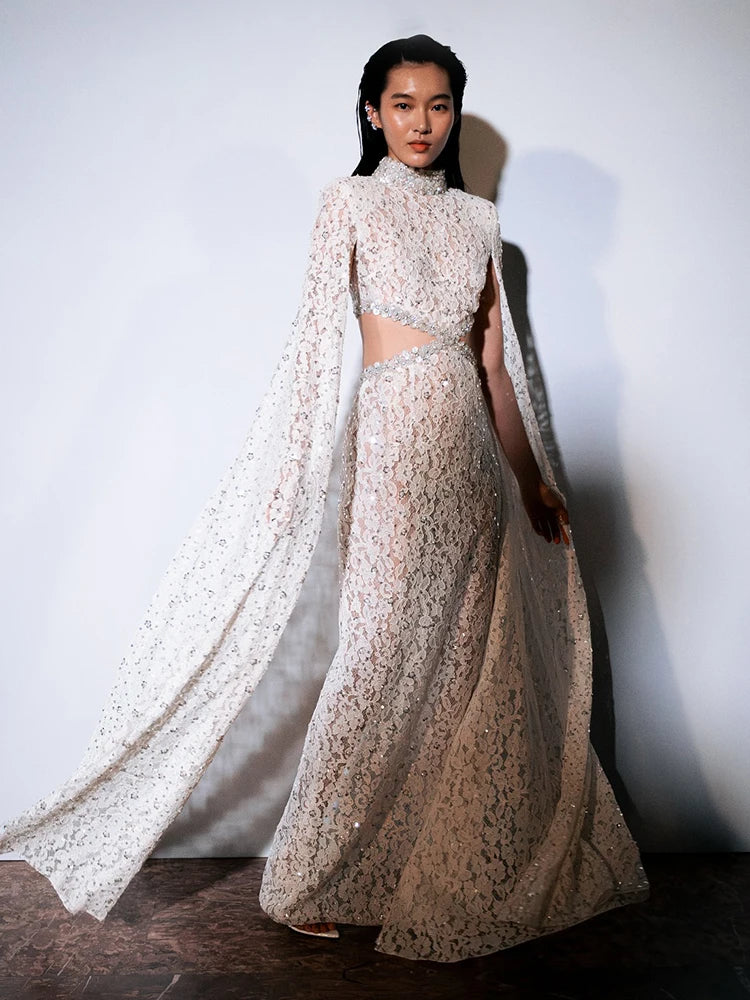 STELLA WHITE LACE EVENING MAXI DRESS