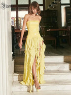 SARUKA YELLOW STRAPLESS RUFFLE MAXI DRESS