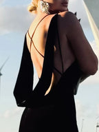 KAREN BLACK VELVET V NECK DRESS