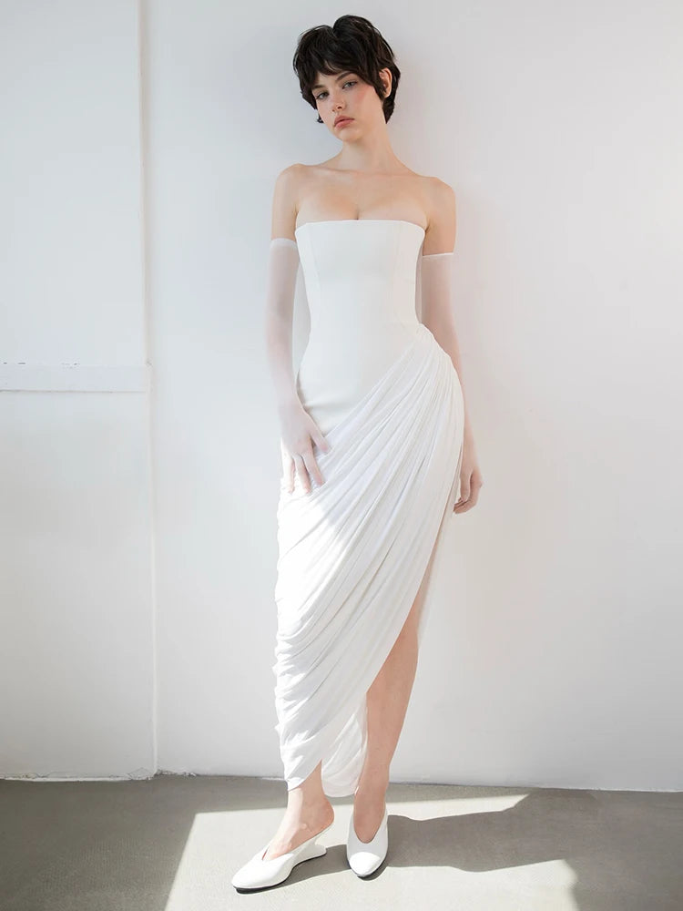 YARA WHITE DRAPED STRAPLESS MAXI DRESS