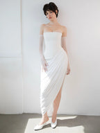 YARA WHITE DRAPED STRAPLESS MAXI DRESS