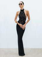 SABIN BLACK LACE HALTER DRESS GOWN