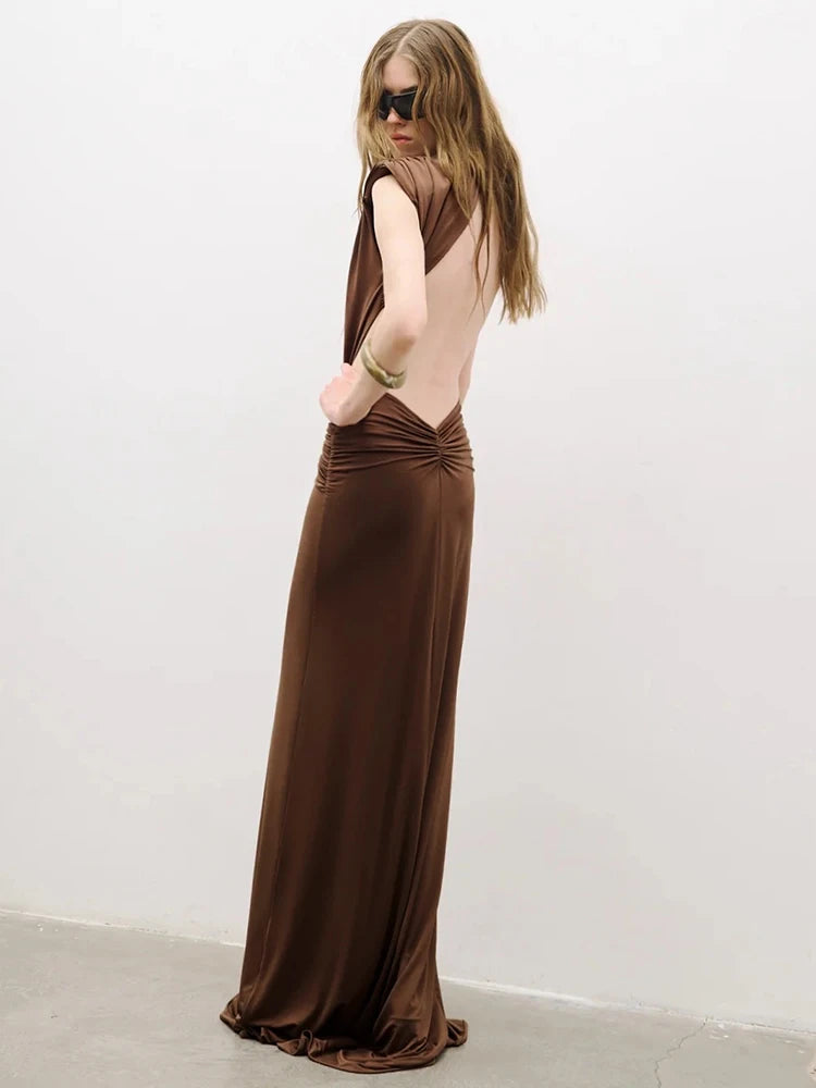 LEX BROWN DEEP V RUCHED MAXI DRESS