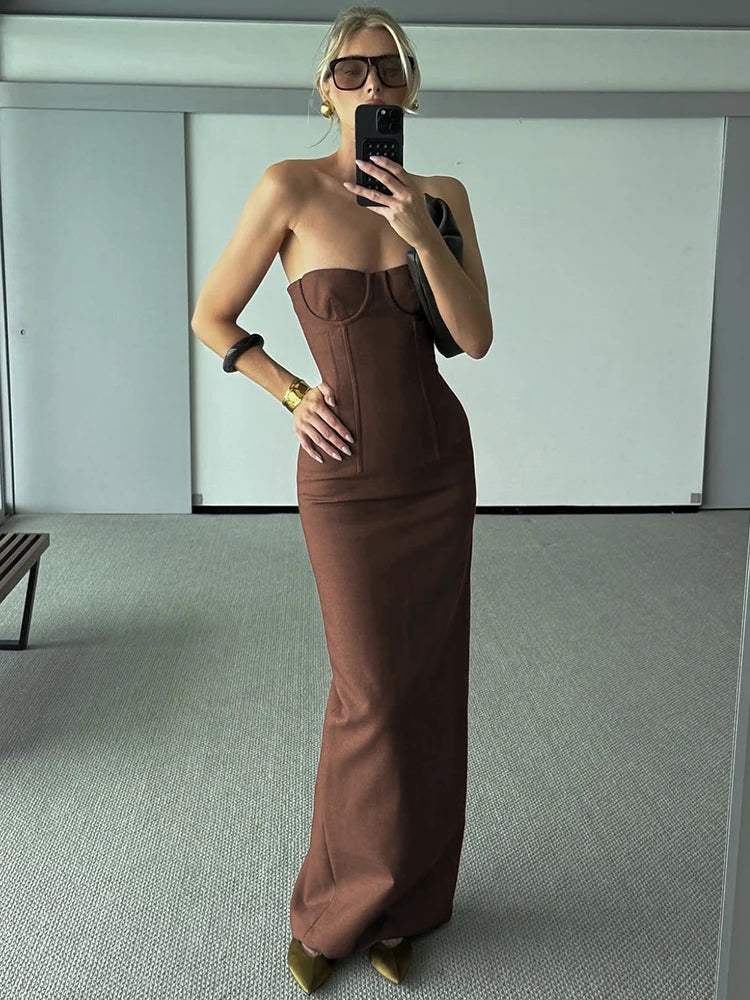 AMBER BROWN STRAPLESS MAXI DRESS
