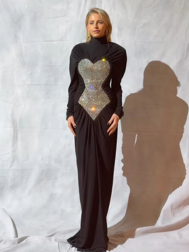 VINNA BLACK HIGH NECK CRYSTAL MAXI DRESS