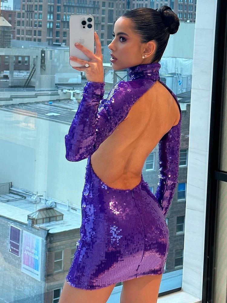 ERIN PURPLE SEQUINS HING NECK MINI DRESS