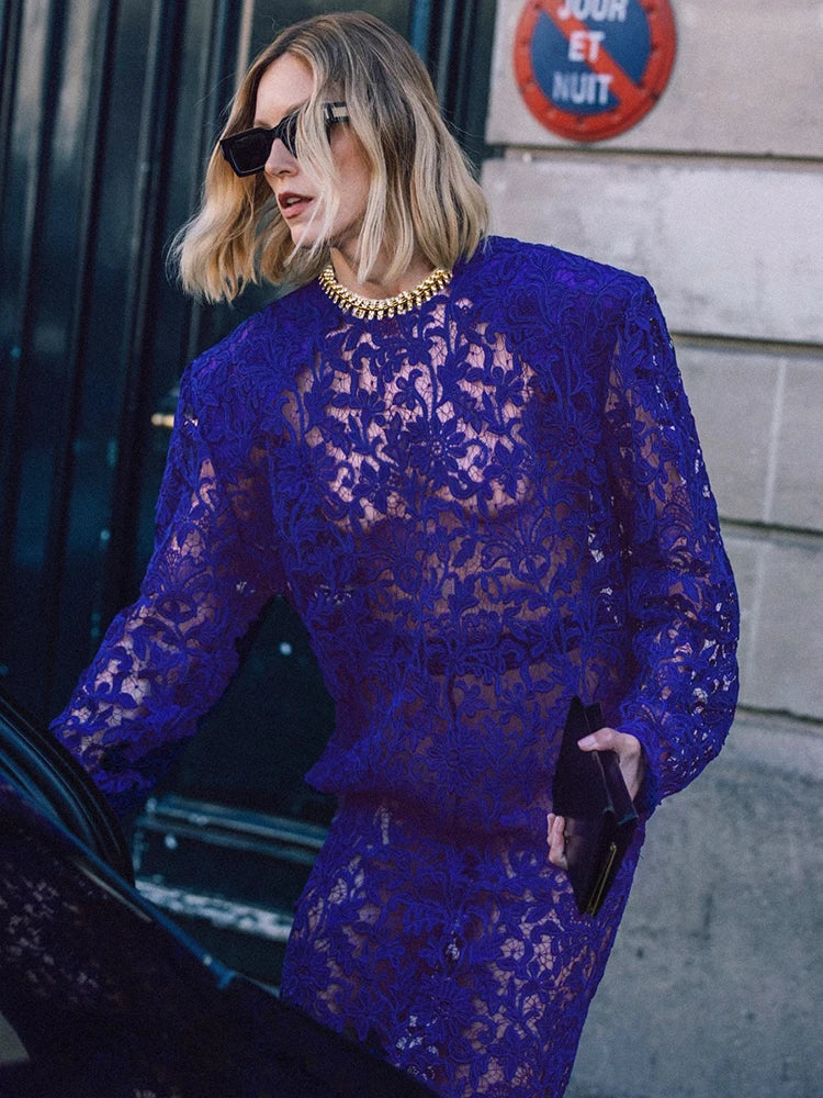 MAEVE BLUE LACE MIDI DRESS