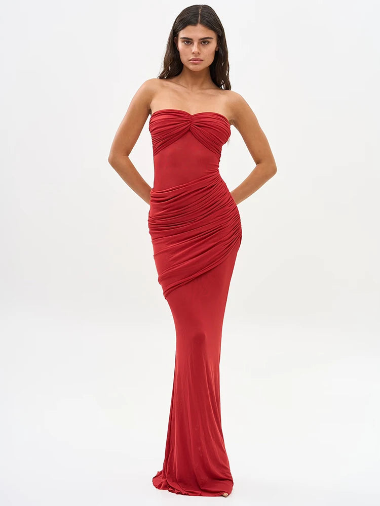 MICHELLE RED STRAPLESS MESH DRESS