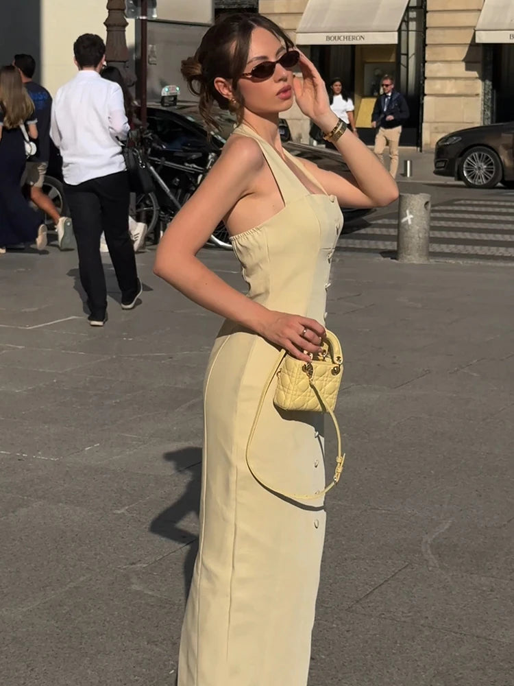 NIKIKI YELLOW HALTER BUTTON DRESS