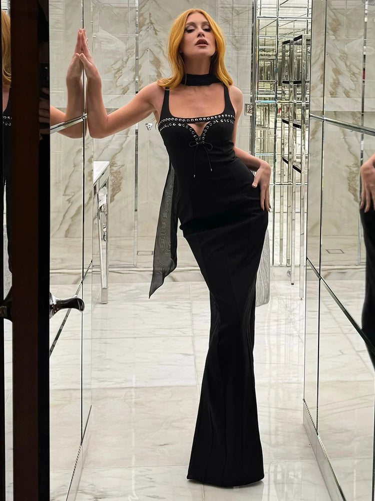 LINDA BLACK STRAPPY LONG DRESS GOWN