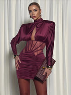 NORA BURGUNDY SATIN MINI DRESS