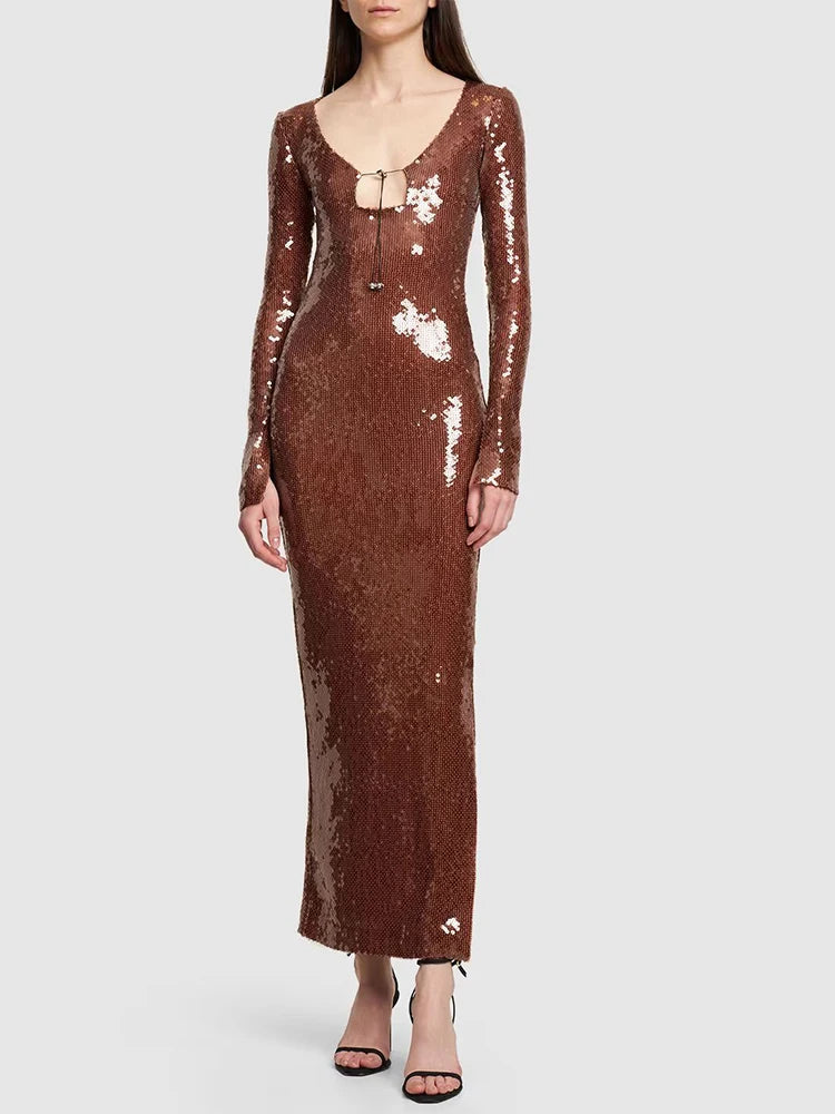 MALIHA BROWN SEQUINS LONG SLEEVES DRESS