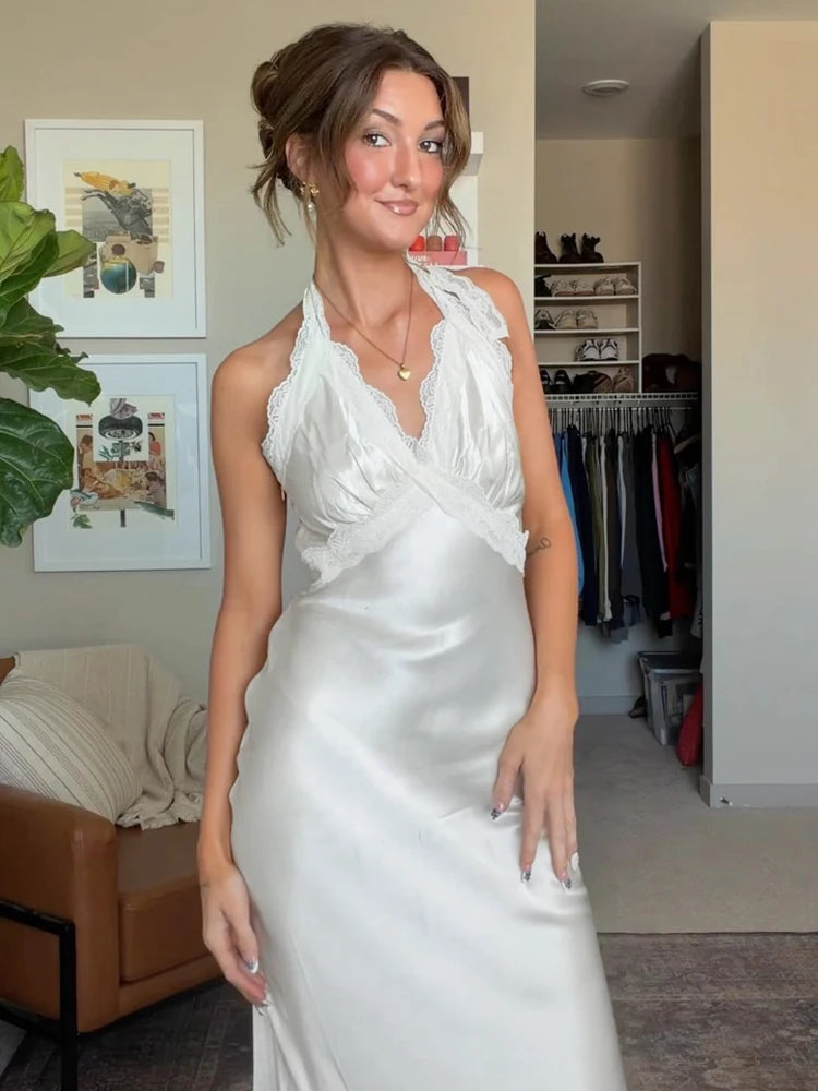DAVINA ELEGANT WHITE SATIN MAXI DRESS